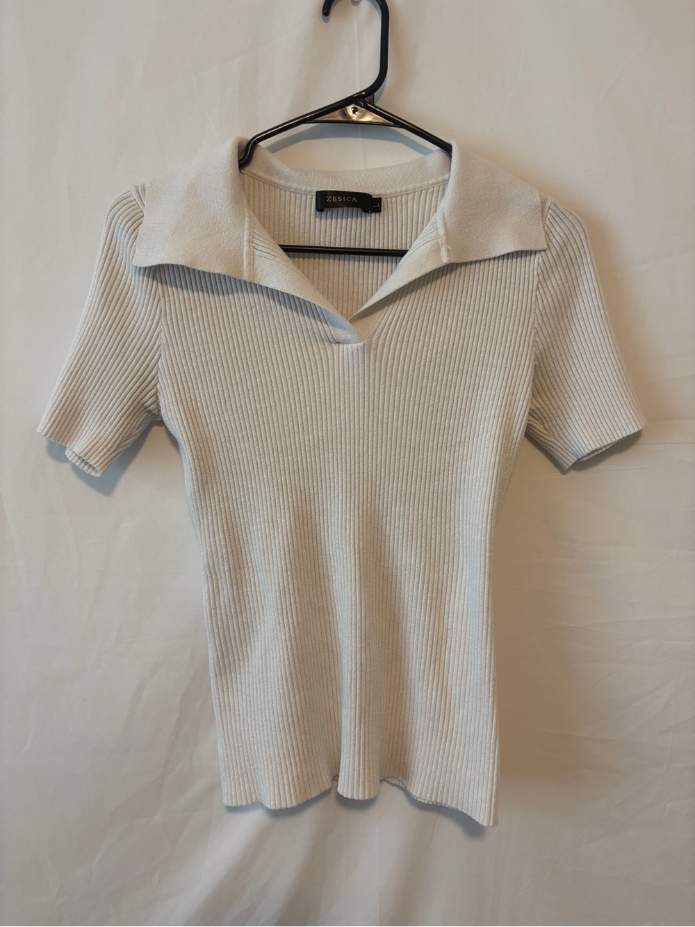 Cream/White Ribbed Collared Short-Sleeve Top